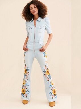 Free People Driftwood Light Blue Floral Embroidered Denim Jumpsuit